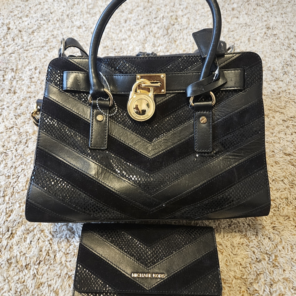 Michael Kors Black Chevron Handbag and Wallet Set